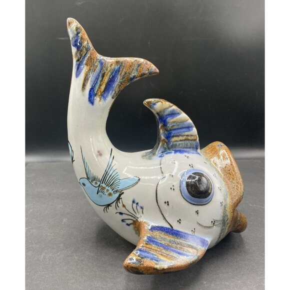 Ken Edwards Tonala Mexican Pottery Wide Mouth Fish Handmade Hand Painted Signed - Picture 1 of 13